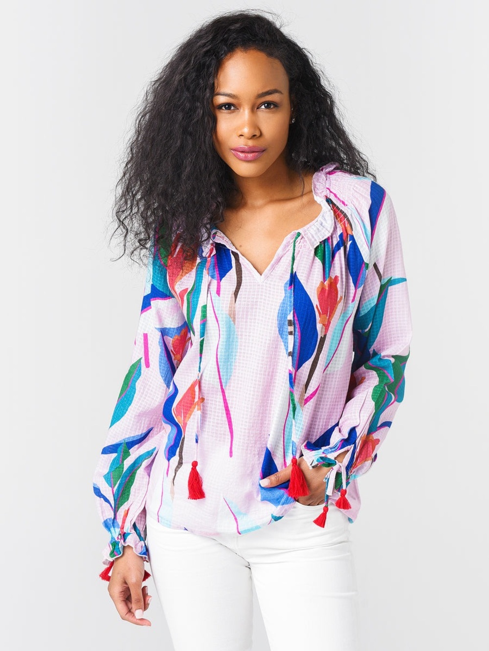 Oliphant Womens XS Peasant Blouse Pink Multicolor Floral V-Neck Ruffle Tassel